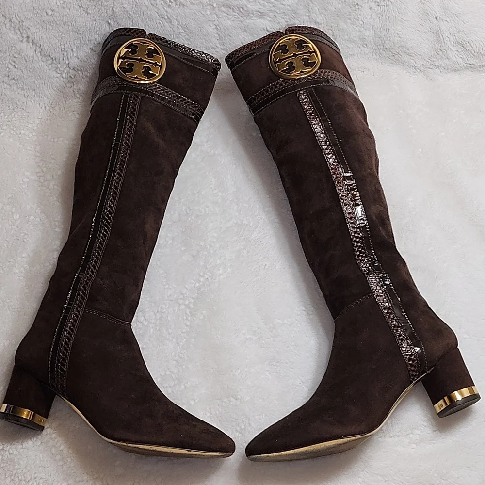 Tory Burch Uma Brown Genuine Suede Knee High Full Zip Trim Riding Boots Sz 7 - Picture 6 of 16